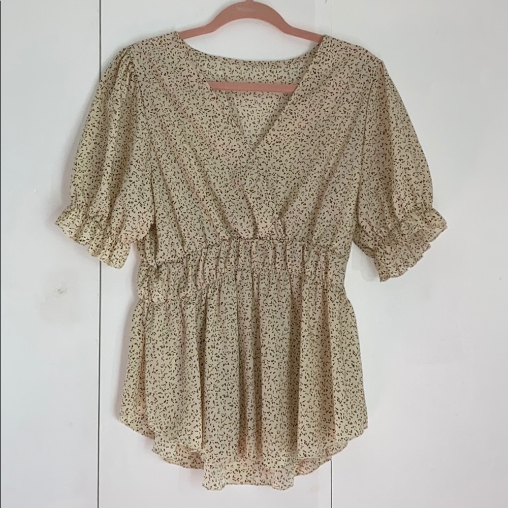 Puff Sleeve All Over Print Peplum Blouse